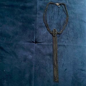 Black metal long 30” necklace with black rhinestone detail pendant